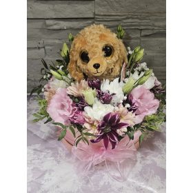 Vegyes virágbox plüss állattal